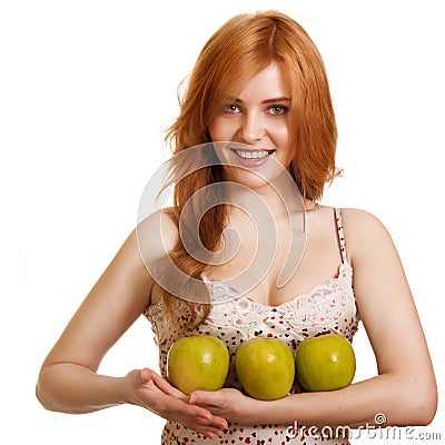 Young happy smiling woman with three green apple Stock Photo