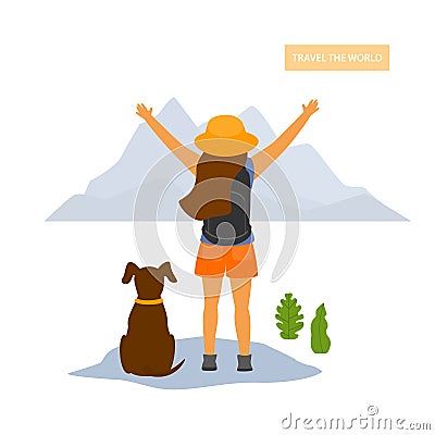 Young happy traveling hiker girl with a dog Vector Illustration