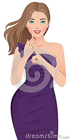 Young happy woman in a beautiful dress showing engagement ring o Vector Illustration