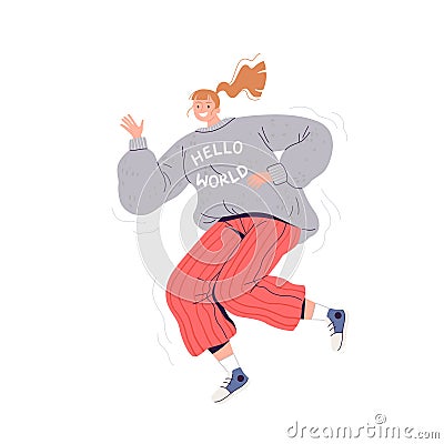 Young happy woman in a gray sweater and red pants fun jumps and laughs Vector Illustration