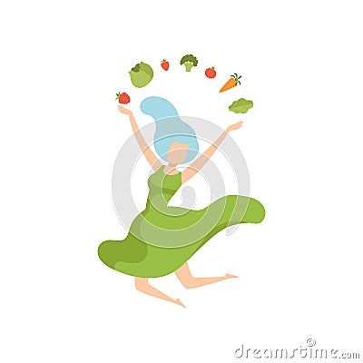Young happy woman juggling with vegetables, healthy eating, diet, organic vegan food vector Illustration Vector Illustration
