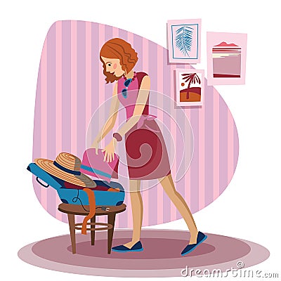 Young happy woman packing her clothes in an opened suitcase. Smiling caucasian woman putting a towel into a suitcase. Woman Vector Illustration