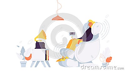 Young happy woman relaxing in full body massage chair listening to music. Isolated on white background illustration in flat Cartoon Illustration