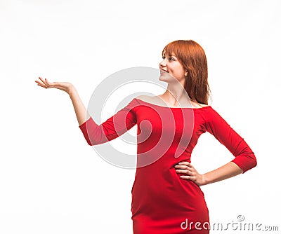 Young happy woman showing by hands Stock Photo