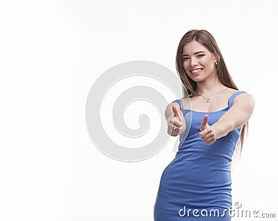 Young happy woman showing hands Stock Photo