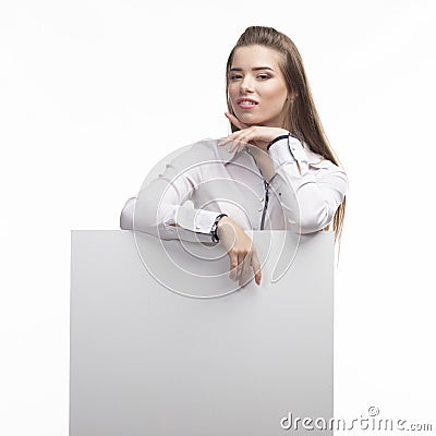 Young happy woman showing presentation, pointing on placard Stock Photo