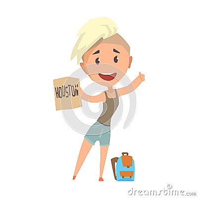 Young happy woman standing with a sign hitchhiking, travelling Vector Illustration