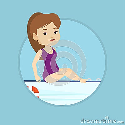 Young happy woman tanning on sailboat. Vector Illustration