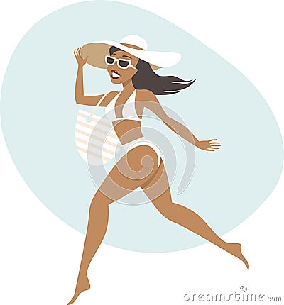 Young happy woman wearing bikini ready for vacation Vector Illustration