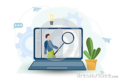 Young happyman holding magnifying glass and examining check list or document, research concept, online Vector Illustration