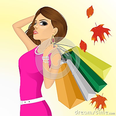 Young haughty woman with shopping bags Vector Illustration