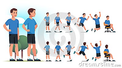 Young healthy sportsman person poses, actions set Vector Illustration