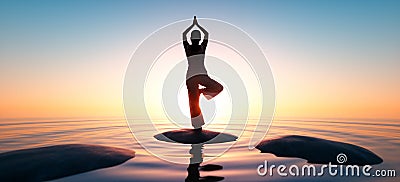 Woman practicing yoga at sunset time Cartoon Illustration