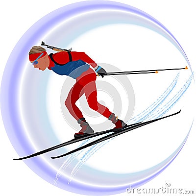 Young high biathlonist is running fast on the track of the championship Vector Illustration