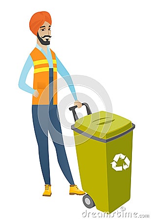 Young hindu builder pushing recycle bin. Vector Illustration