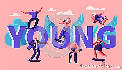 Young Hipster Character Skate Skateboard Typography Banner. Skater Man on Longboard Cool Freedom Lifestyle. Urban City Vector Illustration