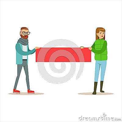 Young Hipster Couple Marching In Protest With Banner, Screaming Angry, Protesting And Demanding Political Freedoms Vector Illustration