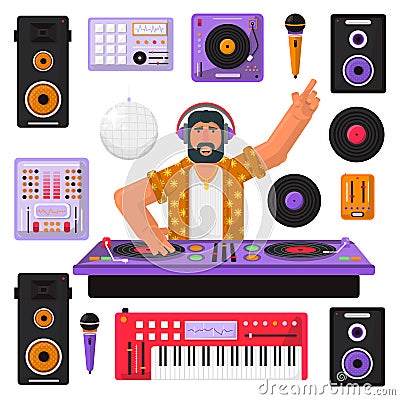 Young hipster DJ with beard and equipment mixing music on the turntables. DJ playing and mixing music. DJ in headphones mixing Stock Photo