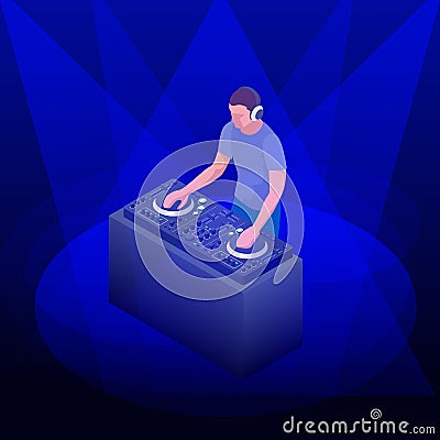 Young hipster DJ mixing music on the turntables. DJ playing and mixing music on the deck at a party. Vector flat design Vector Illustration