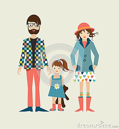 Young hipster family with daughter, little girl. Vector Illustration