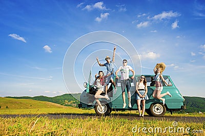 Young hipster friends on road trip Stock Photo