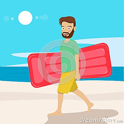 Young hipster man with air mattress walking along the beach Vector Illustration