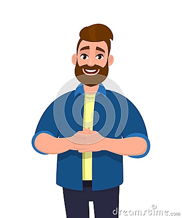 Young hipster man holding his hands together. Trendy bearded person standing isolated in white background. Happy male character. Vector Illustration