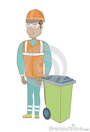 Young hispanic builder pushing recycle bin Vector Illustration