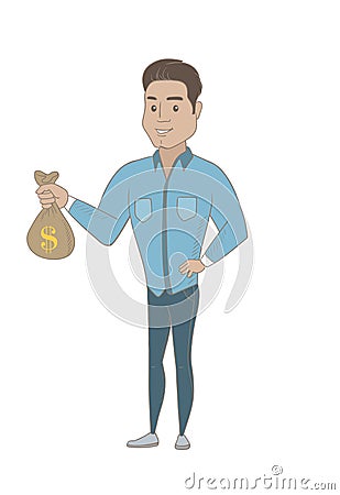 Young hispanic businessman holding a money bag. Vector Illustration