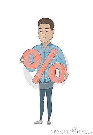 Young hispanic businessman holding percent sign. Vector Illustration