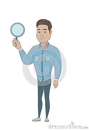 Young hispanic businessman with magnifying glass. Vector Illustration