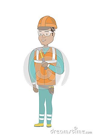 Young hispanic carpenter holding a hammer. Vector Illustration