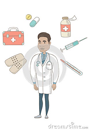 Young hispanic confident doctor. Vector Illustration