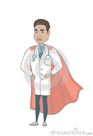 Young hispanic doctor dressed as a superhero. Vector Illustration