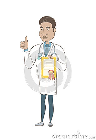 Young hispanic doctor holding a certificate. Vector Illustration