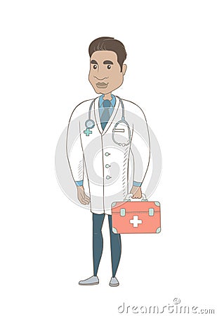Young hispanic doctor holding first aid box. Vector Illustration