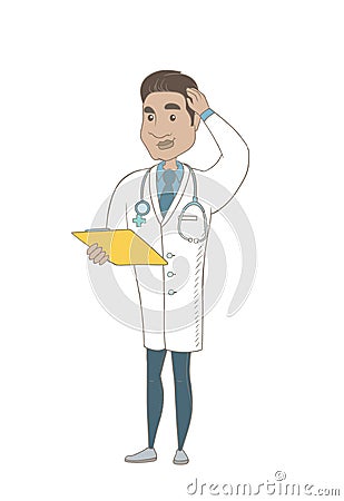 Young hispanic doctor scratching his head. Vector Illustration