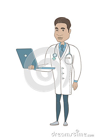 Young hispanic doctor using a laptop. Vector Illustration