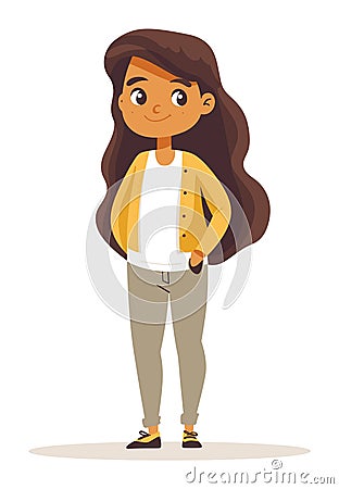 Young Hispanic girl standing with hands in pockets, casual clothing. Confident female character, modern youth vector Vector Illustration