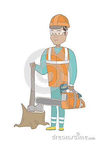 Young hispanic lumberjack with chainsaw. Vector Illustration