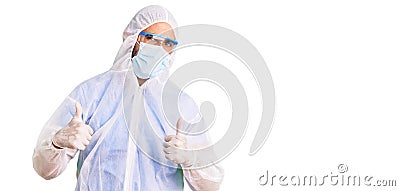 Young hispanic man wearing doctor protection coronavirus uniform and medical mask success sign doing positive gesture with hand, Stock Photo