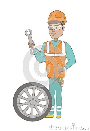 Young hispanic mechanic with tyre and spanner. Vector Illustration