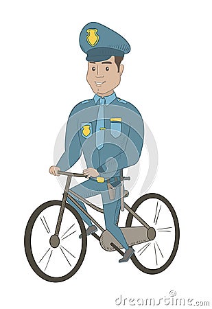 Young hispanic police officer on bicycle. Vector Illustration