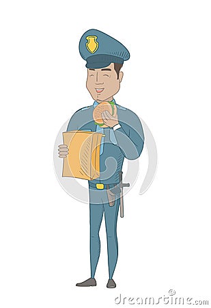 Young hispanic police officer eating hamburger. Vector Illustration