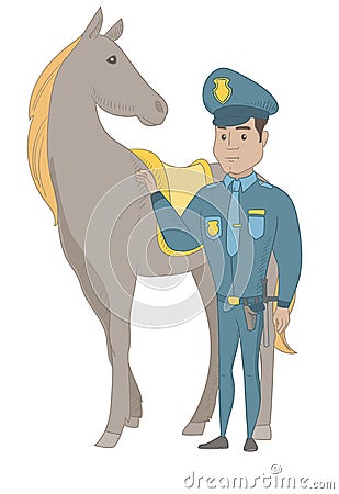 Young hispanic police officer and horse. Vector Illustration