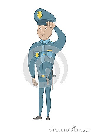Young hispanic police officer saluting. Vector Illustration
