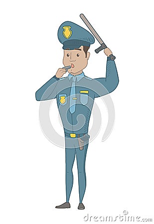 Young hispanic police officer whistling. Vector Illustration