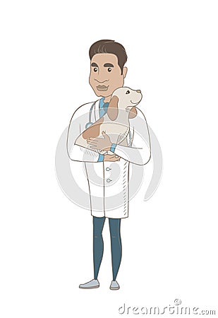 Young hispanic veterinarian with dog in hands. Vector Illustration