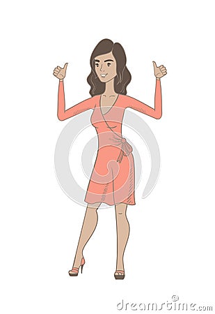 Young hispanic woman standing with raised arms up. Vector Illustration