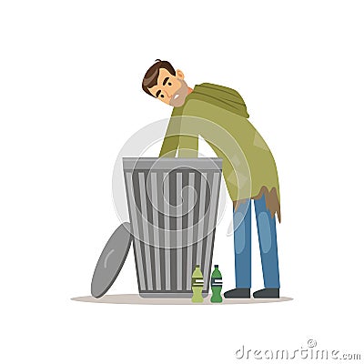 Young homeless man character looking for food in a trash can, unemployment man needing help vector illustration Vector Illustration